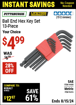 Harbor Freight Coupons, HF Coupons, 20% off - 13 Piece Ball End Hex Key Sets