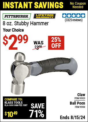 Harbor Freight Coupons, HF Coupons, 20% off - 8 Oz. Stubby Hammers