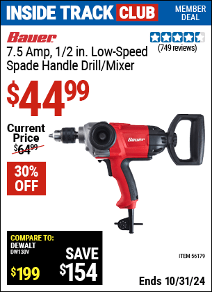 Harbor Freight Coupons, HF Coupons, 20% off - BAUER 1/2 in. Heavy Duty Low Speed Spade Handle Drill/Mixer