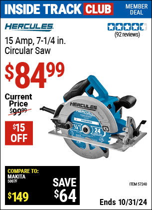 Harbor Freight Coupons, HF Coupons, 20% off - HERCULES 15 Amp 7-1/4 in. Heavy Duty Circular Saw for $89.99