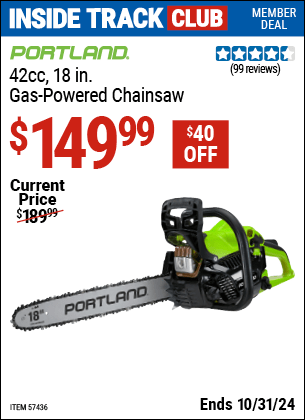 Harbor Freight Coupons, HF Coupons, 20% off - PORTLAND 42cc, 18 in. Gas-Powered Chainsaw for $129.99