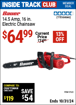 Harbor Freight Coupons, HF Coupons, 20% off - BAUER Corded 14.5 Amp, 16 in. Electric Chainsaw for $64.99