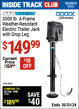 Harbor Freight Coupons, HF Coupons, 20% off - HAUL-MASTER 3500 lb. A-Frame Weather Resistant Electric Trailer Jack with Drop Leg for $149.99