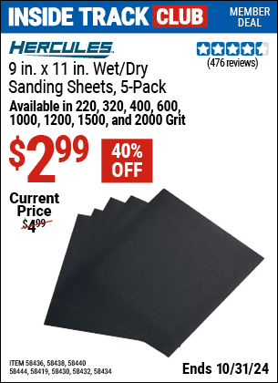 Harbor Freight Coupons, HF Coupons, 20% off - HERCULES 9 in. x 11 in. 1000 Grit Wet/Dry Sanding Sheets with Aluminum oxide Grain, 5-Pack for $2.99