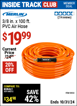 Harbor Freight Coupons, HF Coupons, 20% off - MERLIN 3/8 in. x 100 ft. PVC Air Hose for $19.99