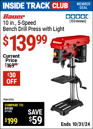 Harbor Freight Coupons, HF Coupons, 20% off - BAUER 10 in., 5-Speed Bench Drill Press with Light for $139.99