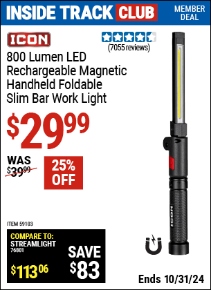 Harbor Freight Coupons, HF Coupons, 20% off - ICON 800 Lumen Rechargeable Slim Bar LED Light for $24.99