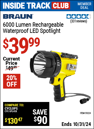 Harbor Freight Coupons, HF Coupons, 20% off - BRAUN 6000 Lumen Rechargeable Waterpoof LED Spotlight for $42.99