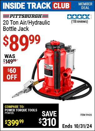 Harbor Freight Coupons, HF Coupons, 20% off - PITTSBURGH 20 ton Air/Hydraulic Bottle Jack for $99.99