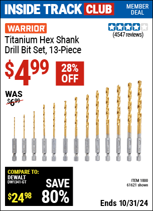 Harbor Freight Coupons, HF Coupons, 20% off - 13 Piece Titanium Nitride Coated High Speed Steel Drill Bits