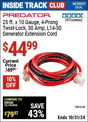 Harbor Freight Coupons, HF Coupons, 20% off - 25 Ft. X 10 Gauge Generator Duty Twist Lock Extension Cord