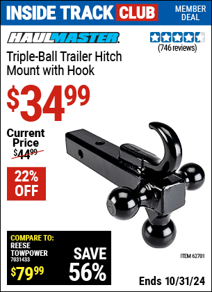 Harbor Freight Coupons, HF Coupons, 20% off - Triple Ball Trailer Hitch Mount With Hook