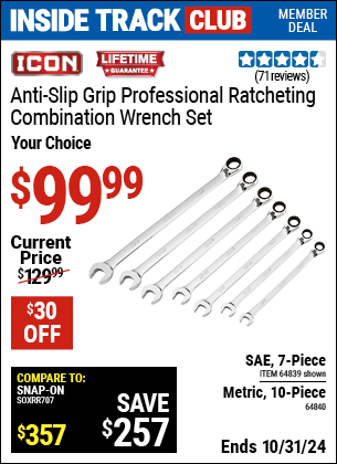 Harbor Freight Coupons, HF Coupons, 20% off - ICON 7 Pc SAE Professional Ratcheting Combination Wrench Set with Anti-Slip Grip for $99.99