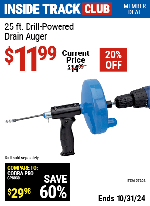 Harbor Freight Coupons, HF Coupons, 20% off - 25 Ft. Drain Cleaner With Drill Attachment