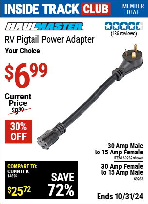 Harbor Freight Coupons, HF Coupons, 20% off - HAUL-MASTER 30 Amp Female to 15 Amp Male RV Pigtail Power Adapter for $7.99