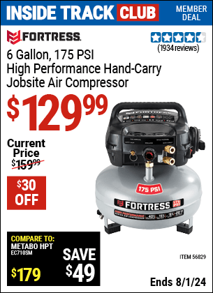 Harbor Freight Coupons, HF Coupons, 20% off - FORTRESS 6 Gallon 175 PSI High Performance Hand Carry Jobsite Air Compressor for $119.99