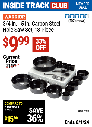 Harbor Freight Coupons, HF Coupons, 20% off - 3/4 in. - 5 in. Carbon Steel Hole Saw Set, 18 Pc.