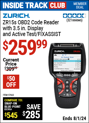 Harbor Freight Coupons, HF Coupons, 20% off - ZURICH ZR15s OBD2 Code Reader with 3.5 in. Display and Active Test/FixAssist for $259.99