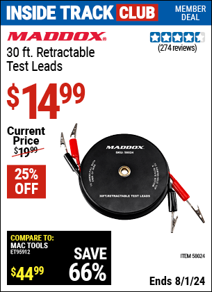 Harbor Freight Coupons, HF Coupons, 20% off - MADDOX 30 ft. Retractable Test Leads for $14.99
