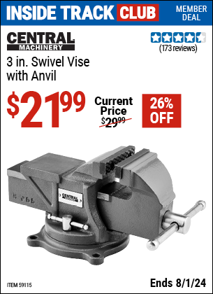 Harbor Freight Coupons, HF Coupons, 20% off - CENTRAL MACHINERY 3 in. Swivel Vise with Anvil for $24.99