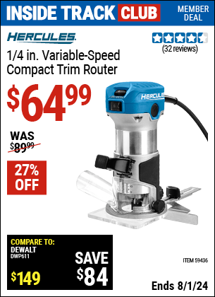 Harbor Freight Coupons, HF Coupons, 20% off - HERCULES 1/4 in. Variable-Speed Compact Trim Router for $64.99