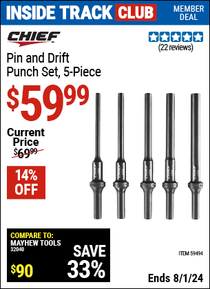 Harbor Freight Coupons, HF Coupons, 20% off - CHIEF Pin and Drift Punch Set, 5 Piece for $59.99
