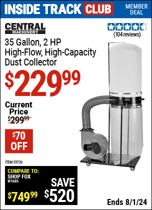 Harbor Freight Coupons, HF Coupons, 20% off - CENTRAL MACHINERY 35 Gallon, 2 HP High-Flow High-Capacity Dust Collector for $199.99