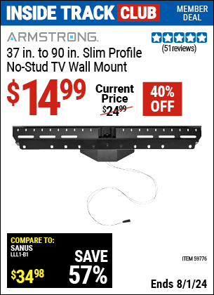 Harbor Freight Coupons, HF Coupons, 20% off - ARMSTRONG 37 in. to 90 in. Slim Profile No-Stud TV Wall Mount for $19.99