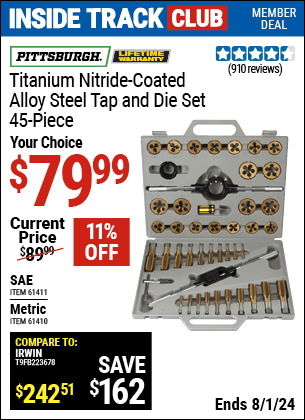 Harbor Freight Coupons, HF Coupons, 20% off - 45 Piece Titanium Nitride Coated Alloy Steel Tap And Die Sets