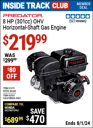 Harbor Freight Coupons, HF Coupons, 20% off - 8 Hp (301 Cc) Ohv Horizontal Shaft Gas Engine