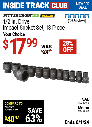Harbor Freight Coupons, HF Coupons, 20% off - PITTSBURGH 1/2 in. Drive SAE Impact Socket Set 13 Pc. for $19.99