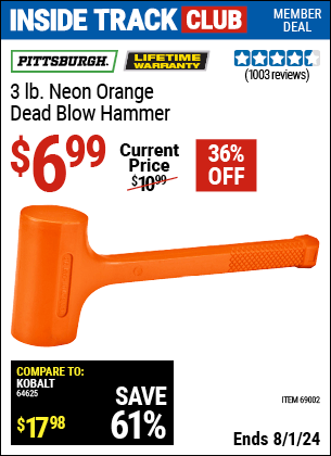 Harbor Freight Coupons, HF Coupons, 20% off - 3 Lb. Neon Dead Blow Hammer