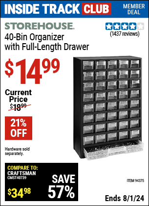 Harbor Freight Coupons, HF Coupons, 20% off - 40 Bin Organizer With Full Length Drawer
