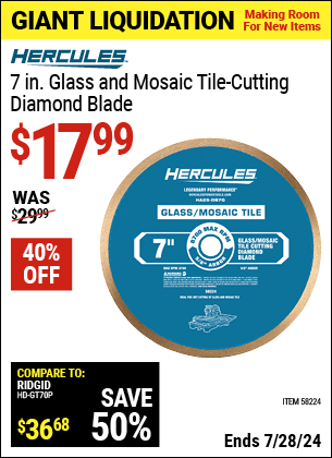 Harbor Freight Coupons, HF Coupons, 20% off - HERCULES 7 in. Glass and Mosaic Tile Cutting Diamond Blade for $14.99