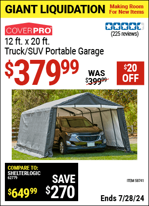 Harbor Freight Coupons, HF Coupons, 20% off - COVERPRO 12 ft. x 20 ft. Truck/SUV Portable Garage 