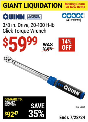 Harbor Freight Coupons, HF Coupons, 20% off - QUINN 3/8 in. Drive Click Type Torque Wrench for $49.99