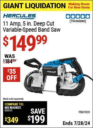 Harbor Freight Coupons, HF Coupons, 20% off - HERCULES 11 Amp, 5 in. Deep Cut Variable-Speed Band Saw for $129.99