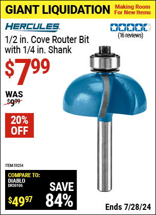 Harbor Freight Coupons, HF Coupons, 20% off - HERCULES 1/2 in. Cove Router Bit with 1/4 in. Shank for $7.99
