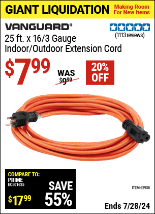 Harbor Freight Coupons, HF Coupons, 20% off - 25 ft. x 16 Gauge Indoor/Outdoor Extension Cord
