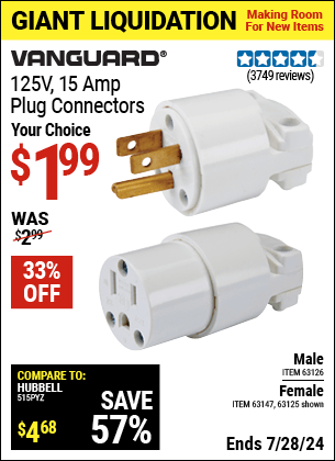 Harbor Freight Coupons, HF Coupons, 20% off - 125 Volt, 15 Amp Male Or Female Connector