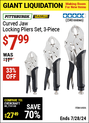 Harbor Freight Coupons, HF Coupons, 20% off - 3 Piece Curved Jaw Locking Pliers Set