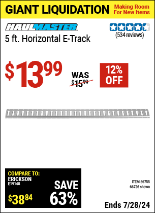 Harbor Freight Coupons, HF Coupons, 20% off - 5 Ft Horizontal E-track