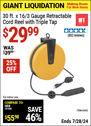 Harbor Freight Coupons, HF Coupons, 20% off - 30 Ft. Retractable Cord Reel With Triple Tap
