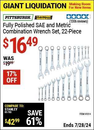 Harbor Freight Coupons, HF Coupons, 20% off - 22 Piece Fully Polished Sae & Metric Combination Wrench Set