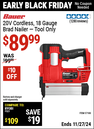 Harbor Freight Coupons, HF Coupons, 20% off - BAUER 20v Cordless 18 Gauge Brad Nailer for $79.99