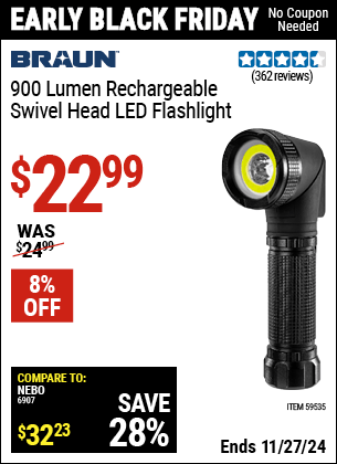 Harbor Freight Coupons, HF Coupons, 20% off - BRAUN 900 Lumen Rechargeable Swivel Head LED Flashlight for $17.99