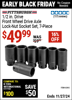 Harbor Freight Coupons, HF Coupons, 20% off - 1/2 in. Drive Front Wheel Drive Axle Lock-Nut Socket Set, 7 Pc.