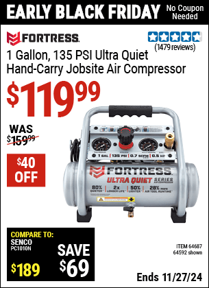 Harbor Freight Coupons, HF Coupons, 20% off - Fortress 1 Gallon, .5hp, 135 Psi Oil Free Portable Air Compressor