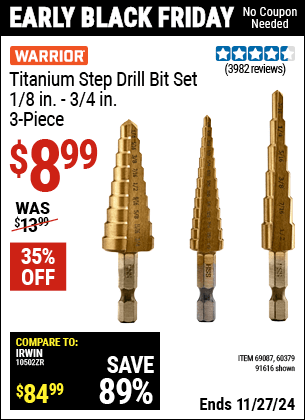 Harbor Freight Coupons, HF Coupons, 20% off - 3 Piece Titanium High Speed Steel Step Bits