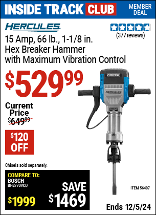 Harbor Freight Coupons, HF Coupons, 20% off - Hercules 15 Amp Pro, 1-1/8' Hex Breaker Hammer Kit